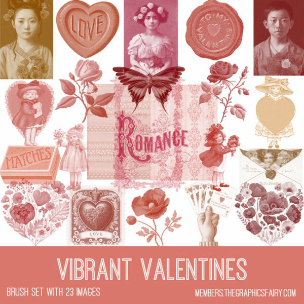 vintage Vibrant Valentines ephemera brush set
