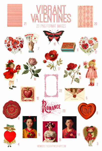 vintage Vibrant Valentines ephemera digital image bundle