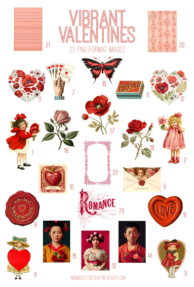 vintage Vibrant Valentines ephemera digital image bundle