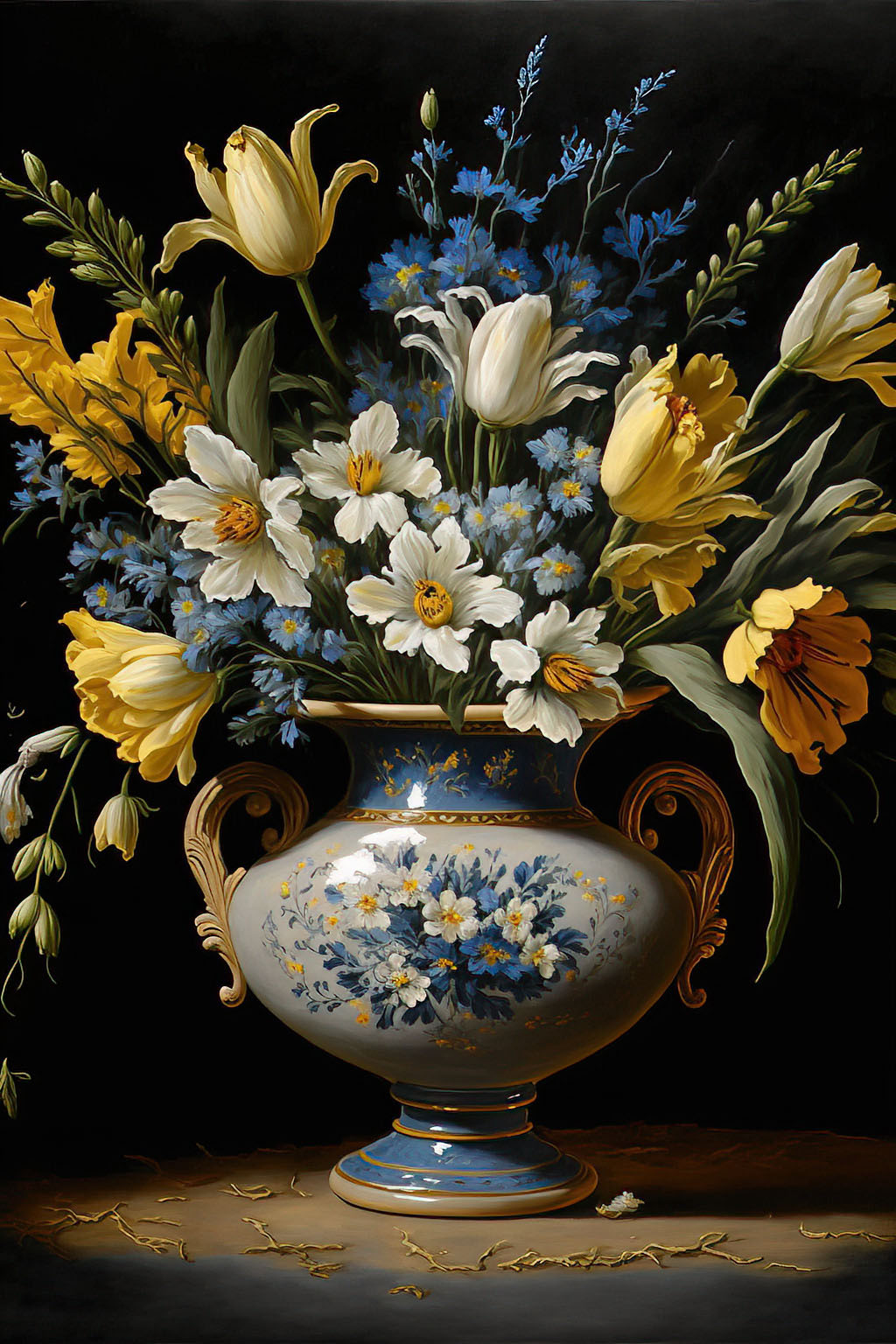 Blue and Yellow Florals in Vase