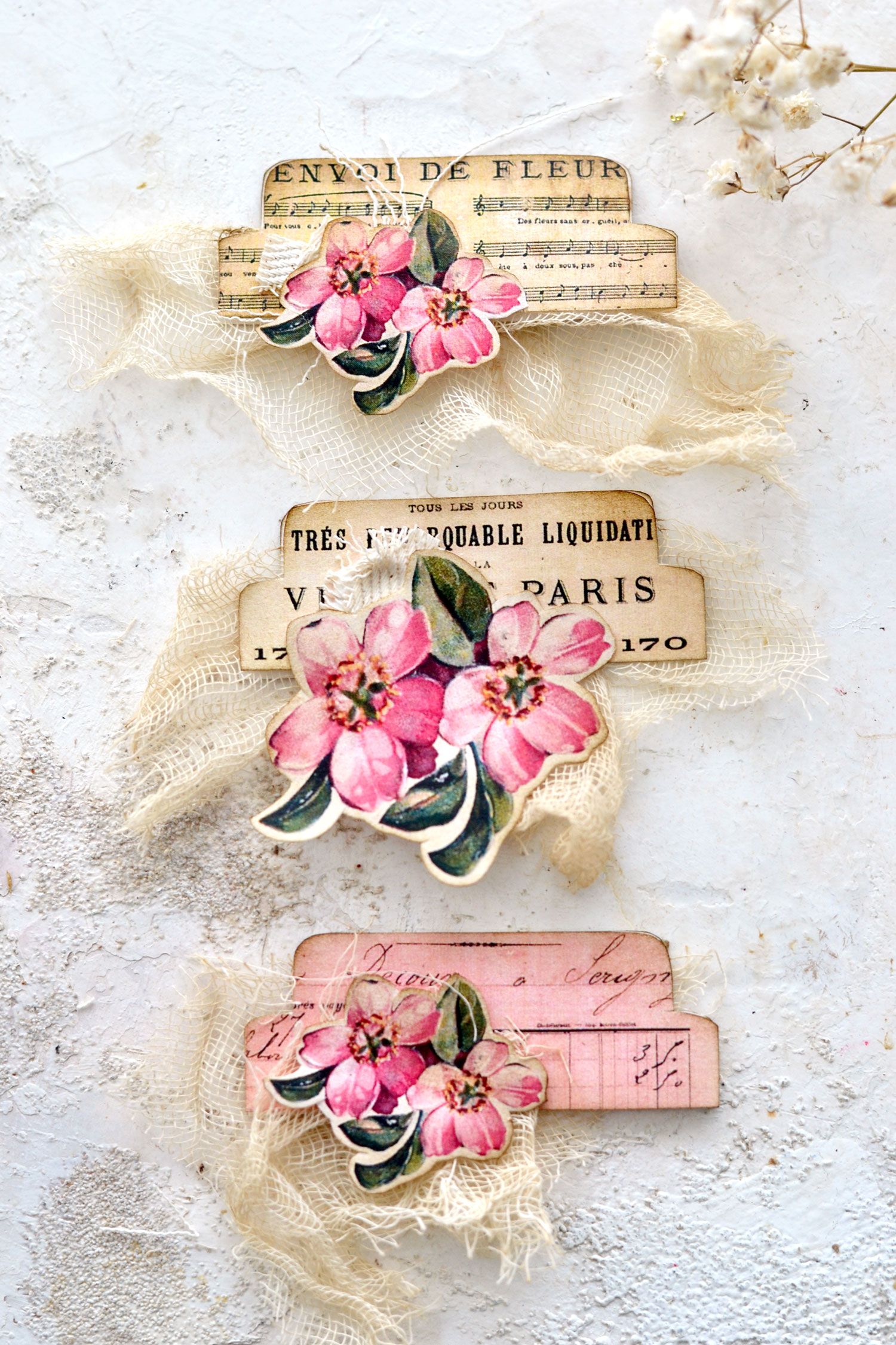 journal tabs with gauze and pink flowers