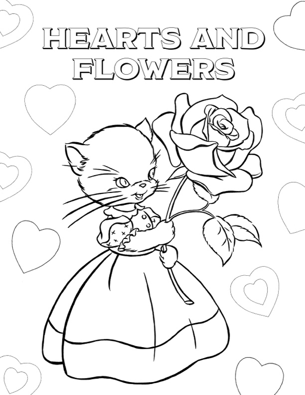 Cute kitten in a pinafore holding a big beautiful rose saying 'Hearts and Flowers.'