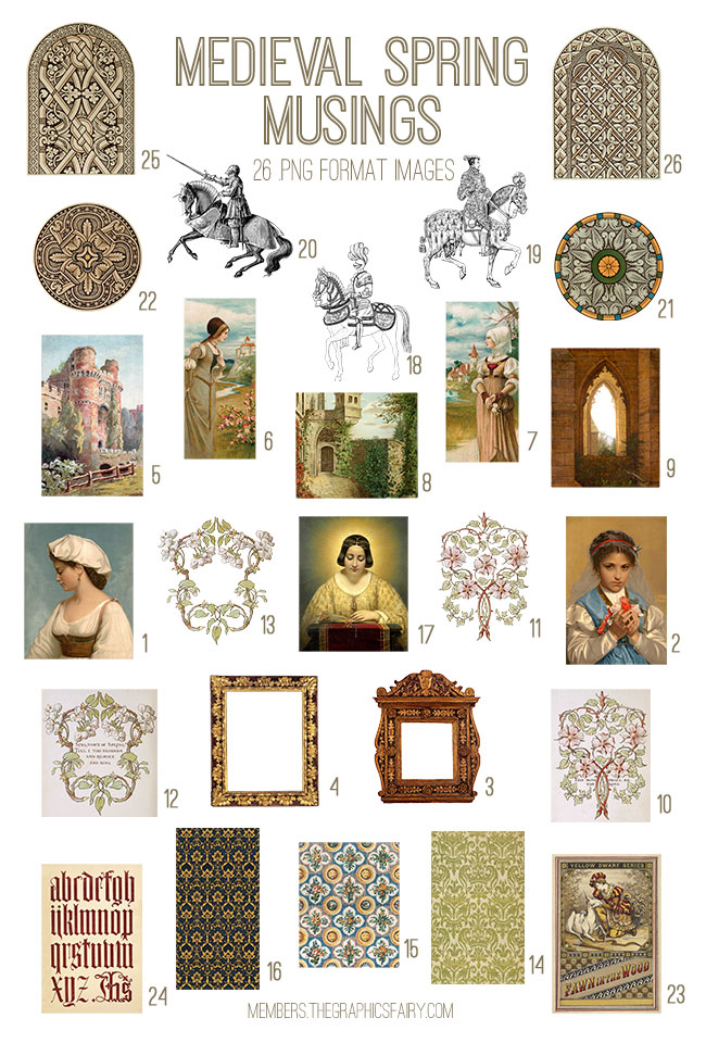 vintage Medieval Spring Musings ephemera digital image bundle