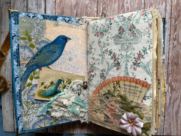 Journal spread with bird and wallpaper