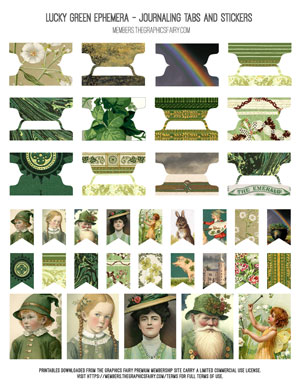 Lucky Green Ephemera assorted printable journaling tabs and stickers