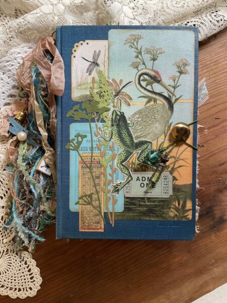 Junk journal cover with frogs and heron