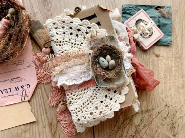 Journal; cover with lace and small birds nest