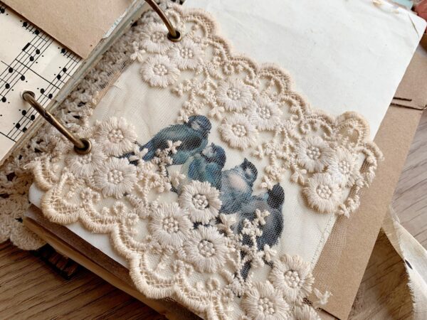Blue birds on journal page wth lace band
