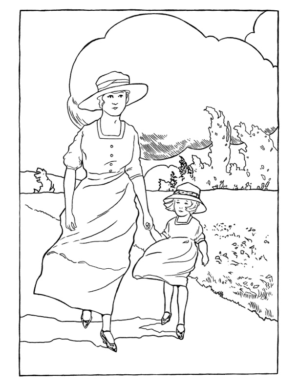 Spring Coloring Sheets Mother and Daughter