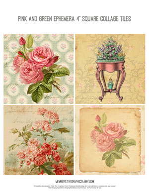 Pink & Green Ephemera printable assorted 4 inch square collage tiles