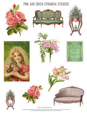 Pink & Green Ephemera assorted printable stickers