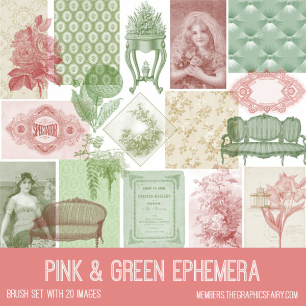 vintage pink & green ephemera digital image brush set