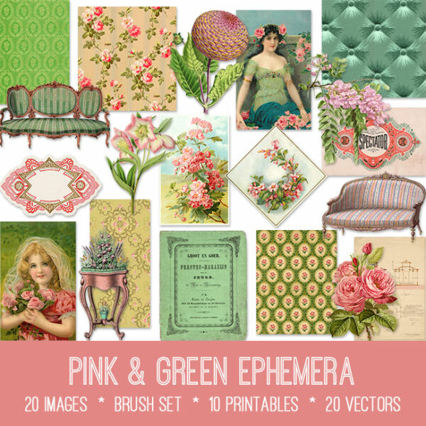 pink & green ephemera vintage images