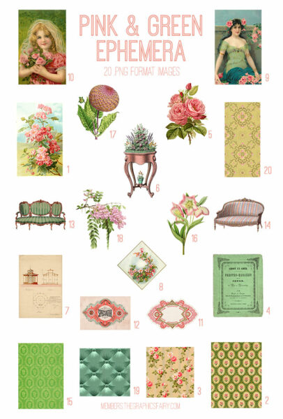 vintage pink & green ephemera digital image bundle