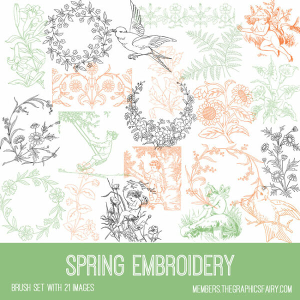 vintage Spring Embroidery ephemera brush set