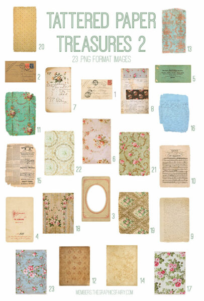 vintage Tattered Paper Treasures 2 ephemera digital image bundle