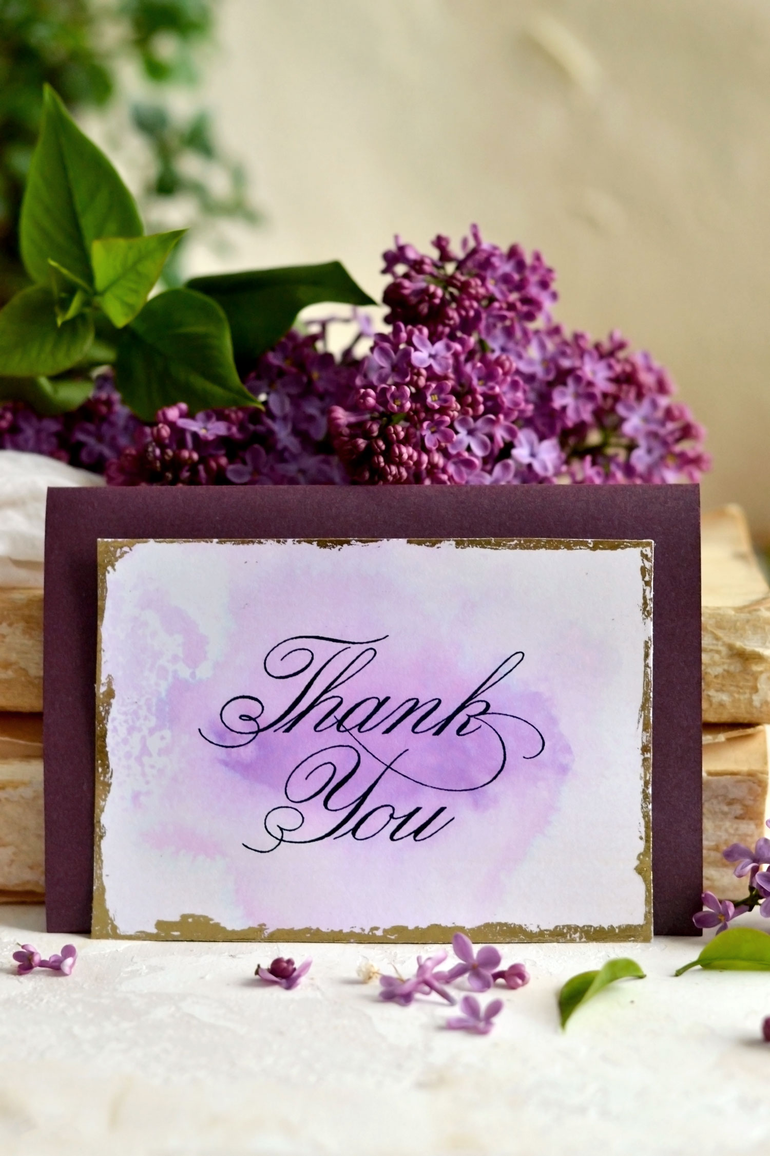 gold foil purple wedding thank you card