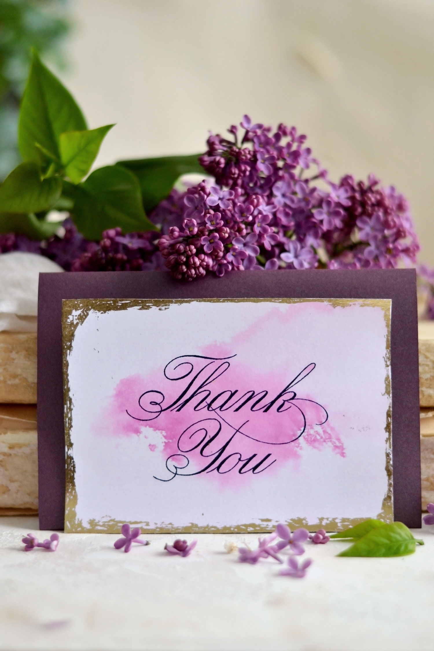 gold foil pink wedding thank you card