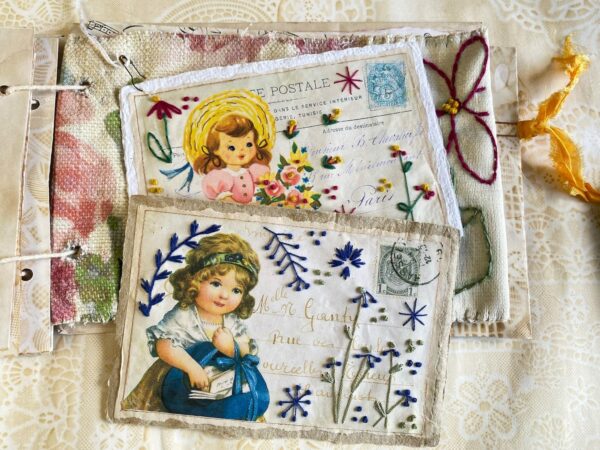 Child image postcards with embroidery