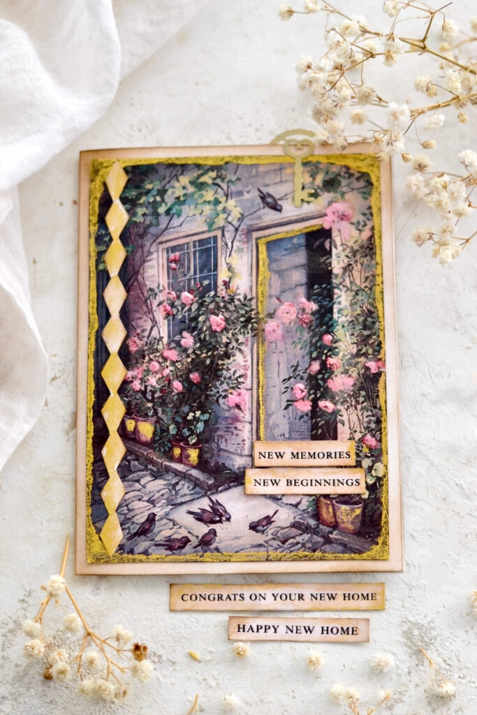 Vintage housewarming card with gold and pearlescent touches