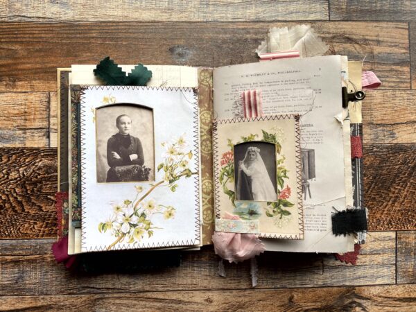 Journal spread with floral framed photos