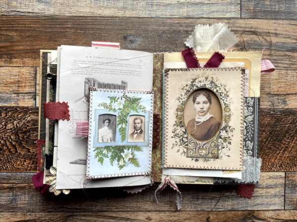 Journal spread with framed sepia photos