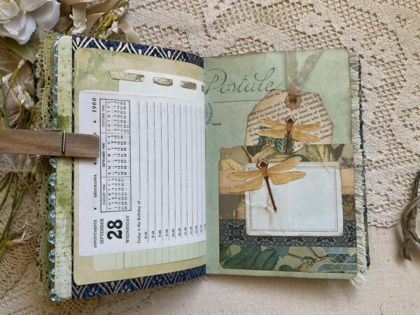 Journal page with dragonfly print pocket
