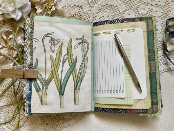Journal spread with snowdrop image