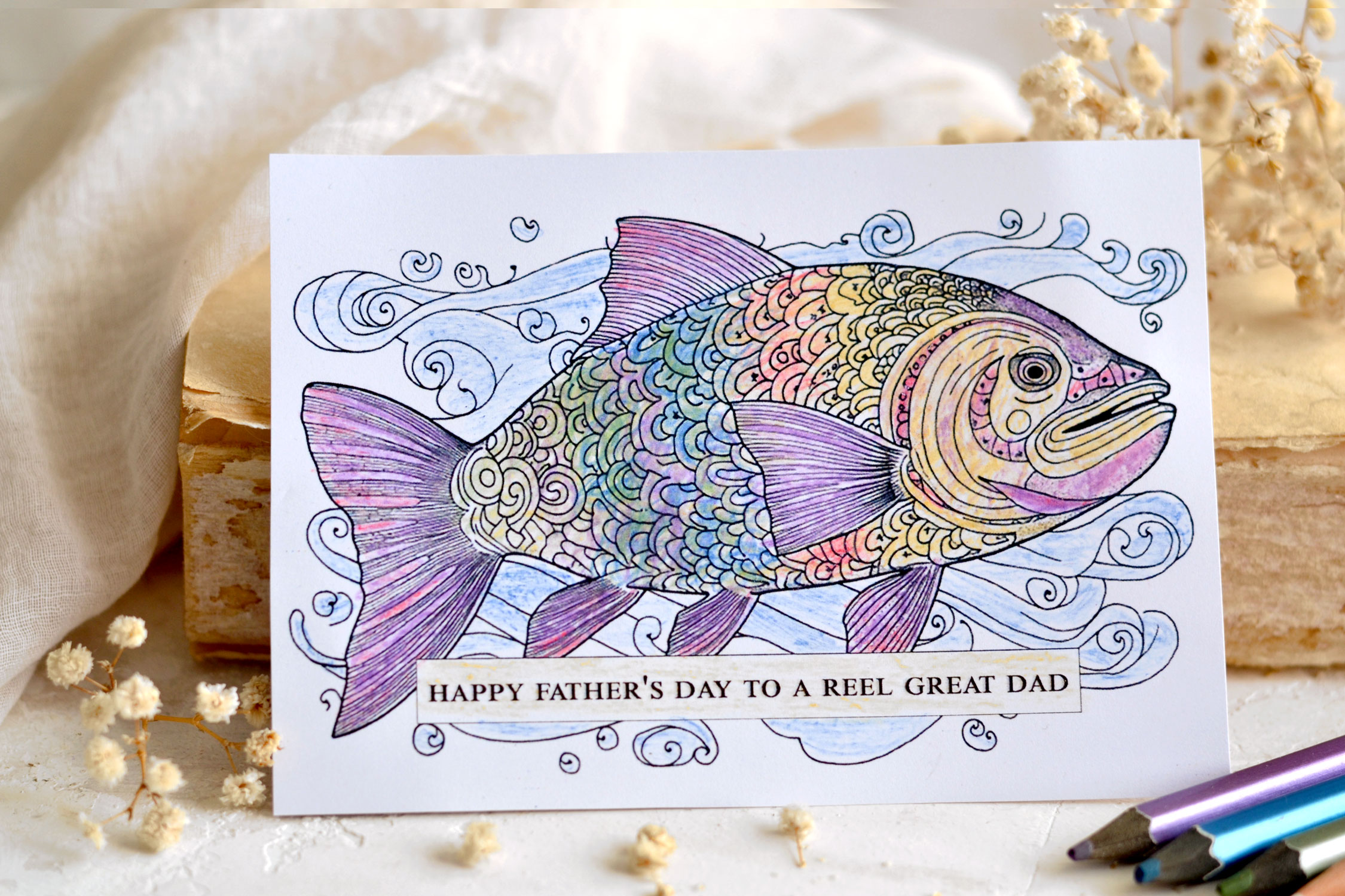 intricate fish coloring card 