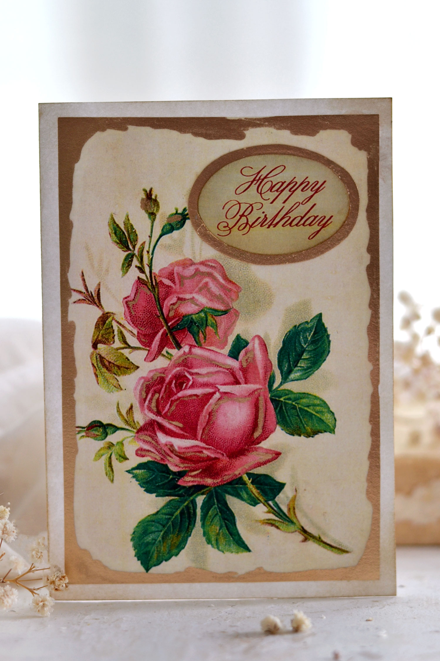 vintage pink rose birthday card