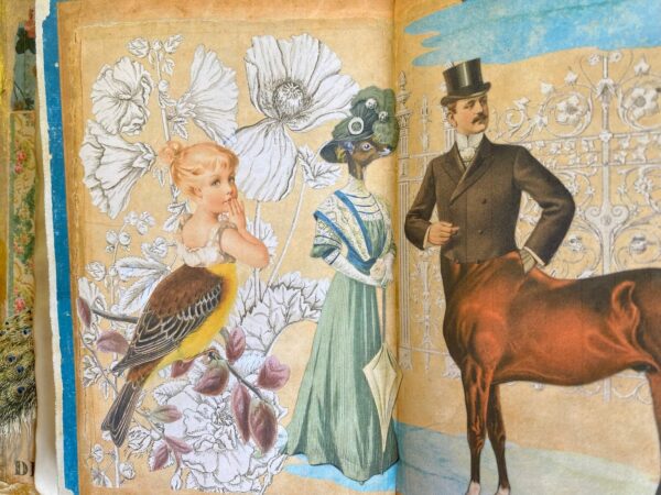 Journal page with girl bird, deer lady, horse man