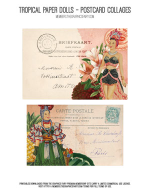 Tropical Paper Dolls assorted Postcard Collages