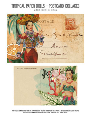 Tropical Paper Dolls assorted printable Postcard Collages