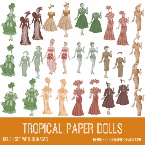 vintage Tropical Paper Dolls Ephemera Brush Set
