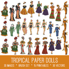 vintage Tropical Paper Dolls ephemera bundle