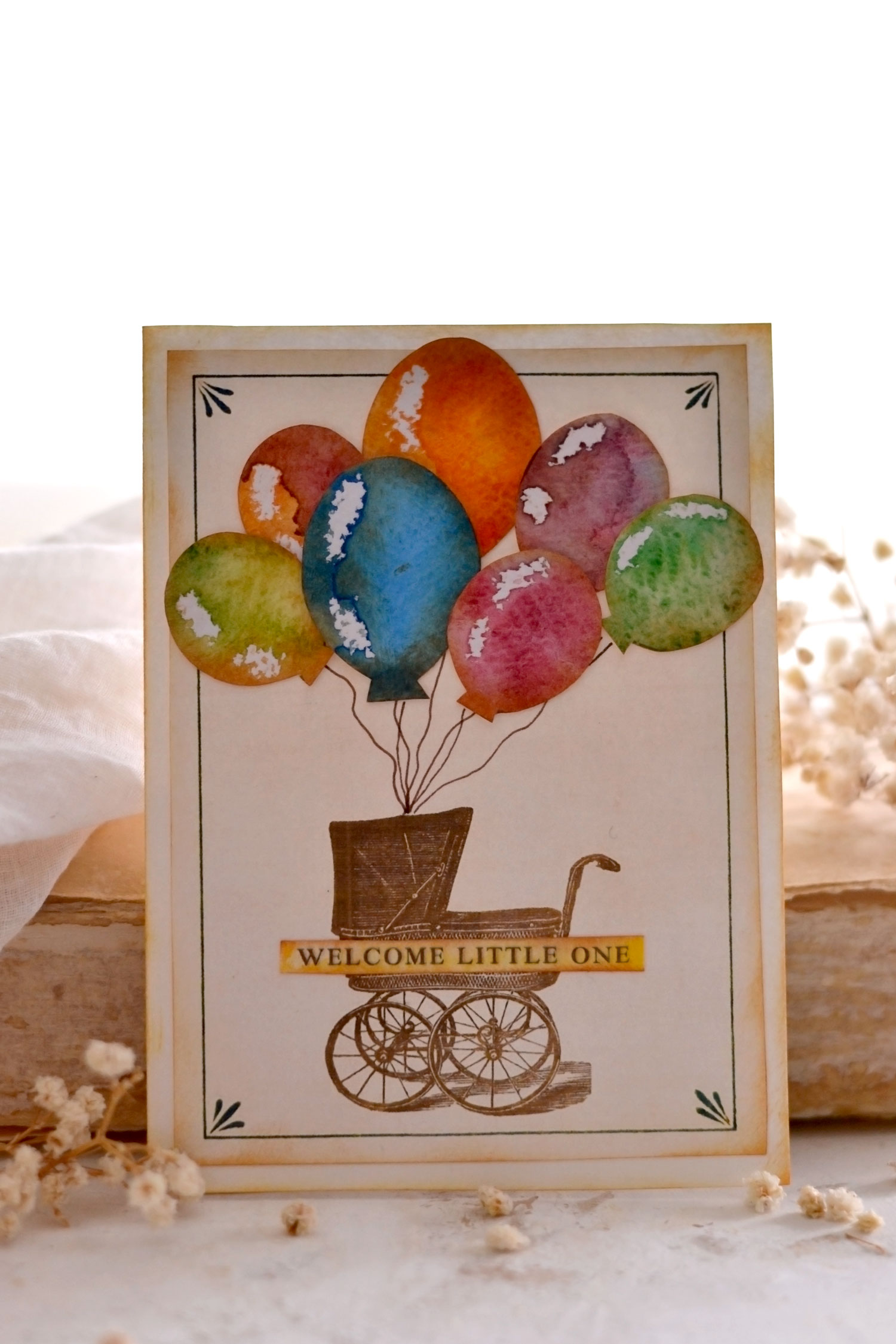 Vintage new baby card with watercolor balloons