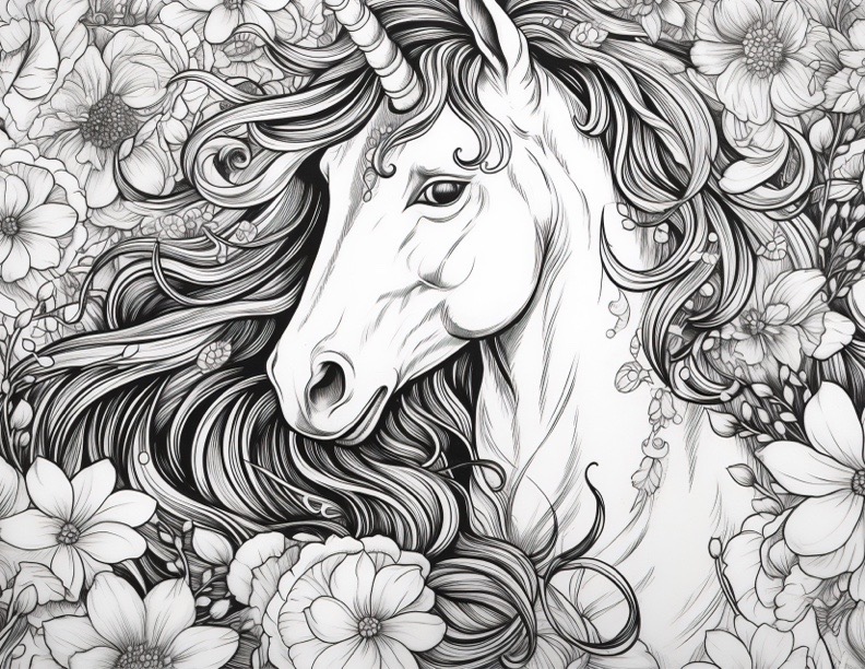 Unicorn with Flowers to Color