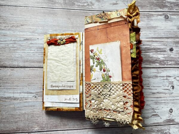Journal page with foldout envelope and lace pocket