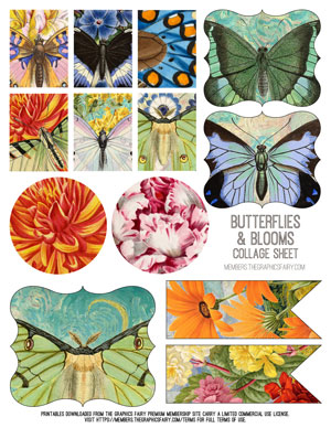 Butterflies & Blooms assorted printable collage sheet