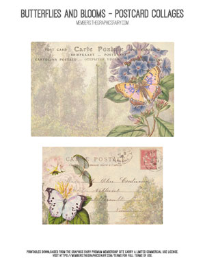 Butterflies & Blooms printable postcard collages
