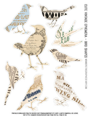 Cute Vintage Ephemera assorted printable Bird Shapes
