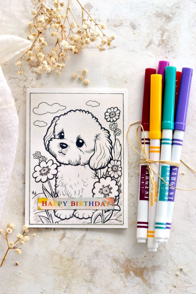 puppy birthday card for kids with colored markers gift