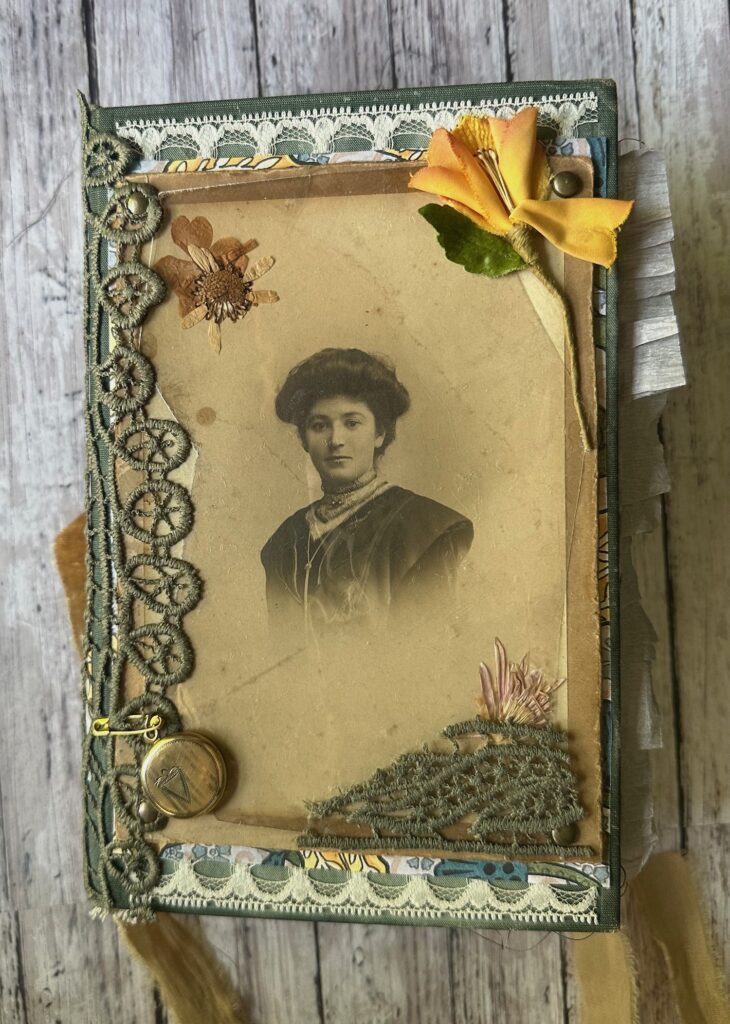 Close up of journal cover with vintage photo