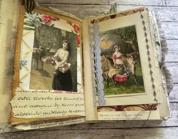 Journal spread with flower seller vintage photo