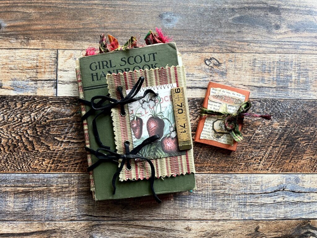 Green junk journal cover with strawberry image