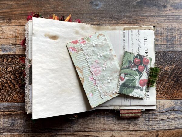 Journal spread with berries print envelope