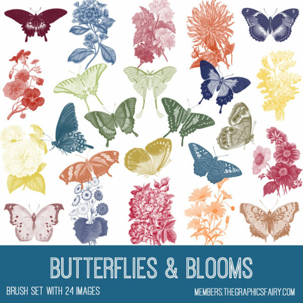 vintage Butterflies & Blooms ephemera brush set