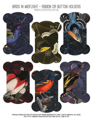 Birds in Midflight assorted printable ribbon or button holders
