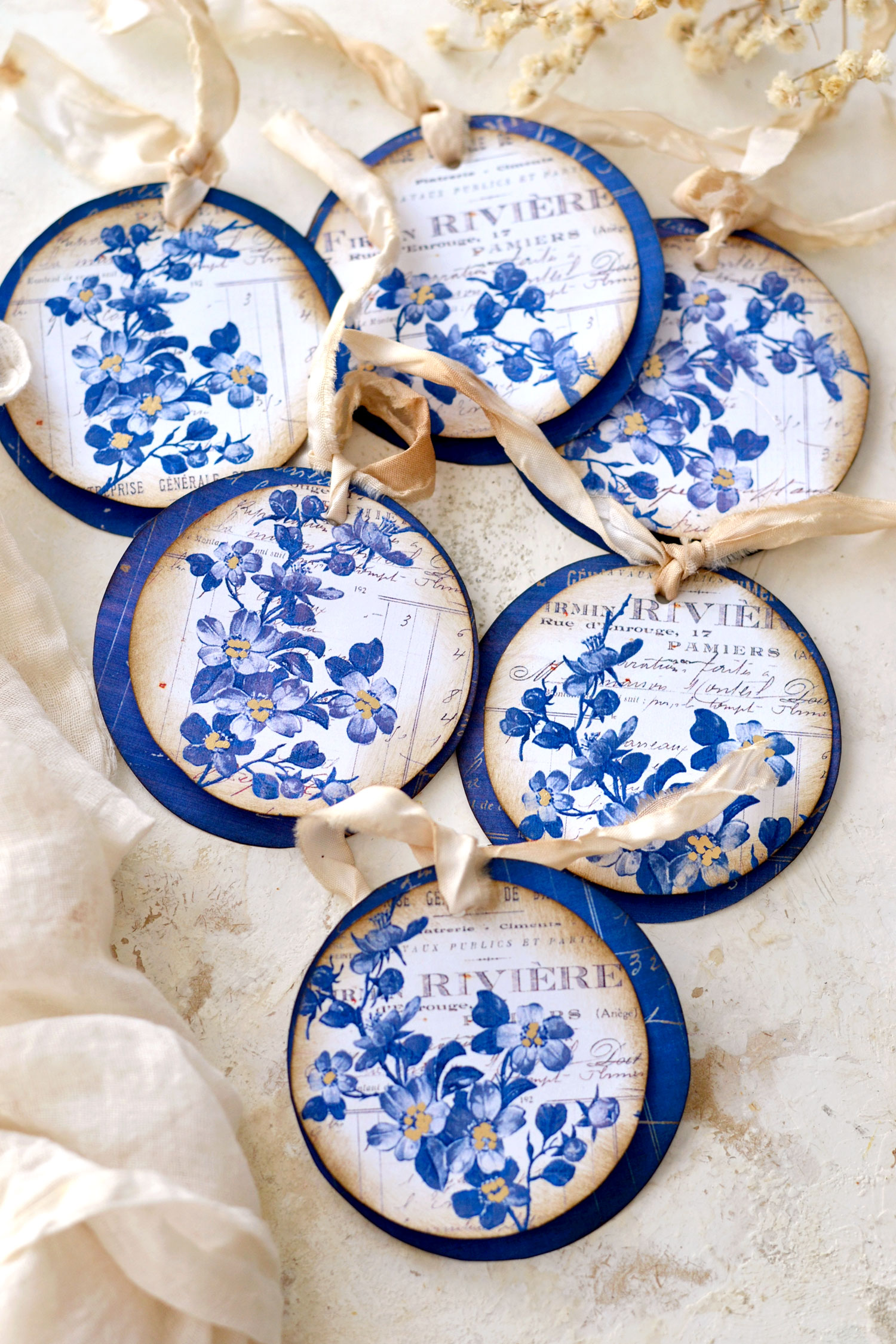 delft blue tags with gold touches