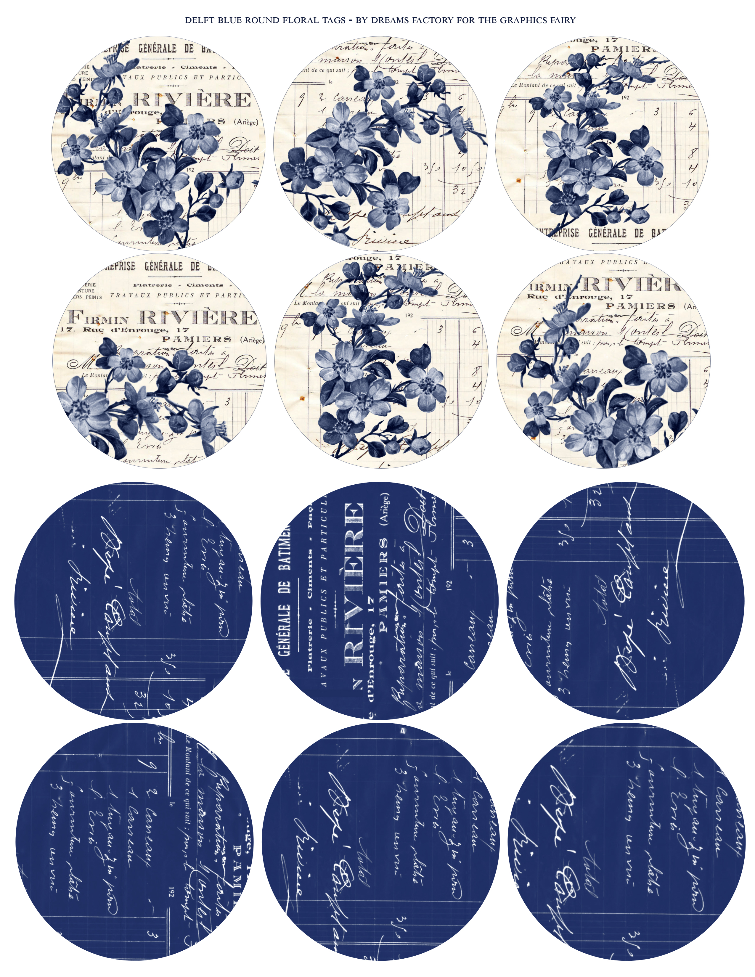 Delft Blue Round Floral Tags printable image